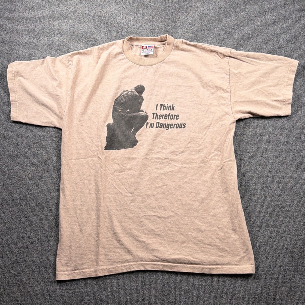 VTG Bayside Graphic Shirt Mens XL Tan Im Dangerous The Thinker Heavyweight USA